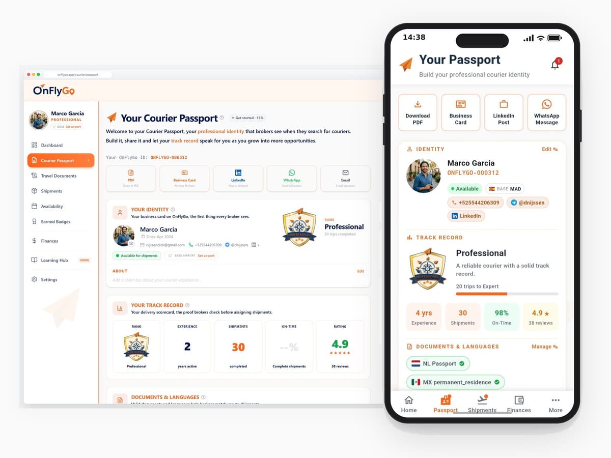 OnFlyGo Courier Passport — construtor de perfil com identidade, histórico e documentos