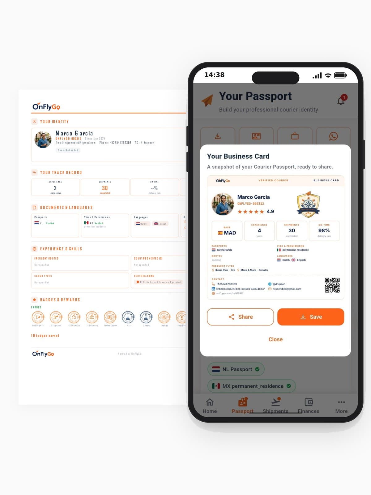 OnFlyGo Courier Passport PDF — documento compartilhável com estatísticas, selos e rotas