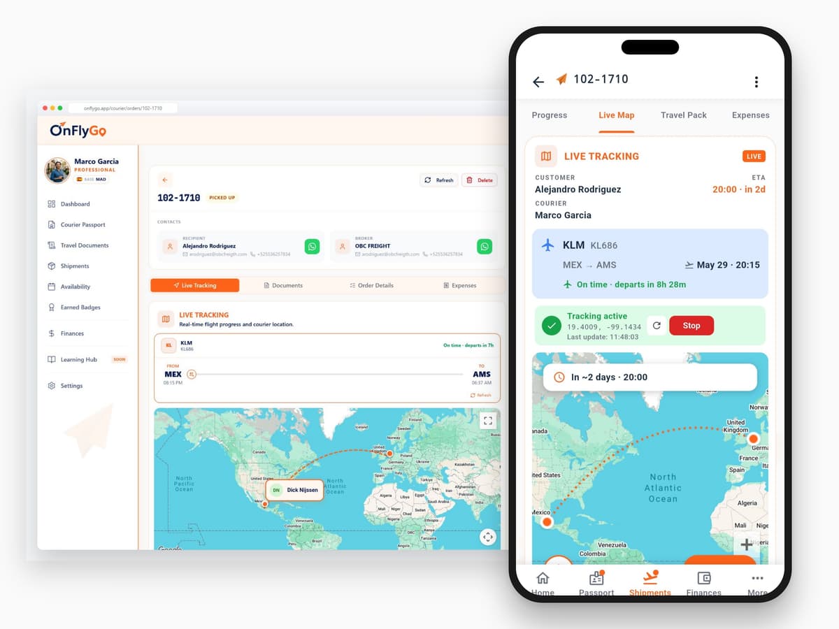 OnFlyGo Live Tracking — vistas de desktop e móvel do mesmo envio ativo com progresso de voo e mapa ao vivo